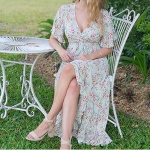 Anthropologie Raga Mint Green Floral V-Neck Wrap Flutter Sleeve Maxi Dress Sz M